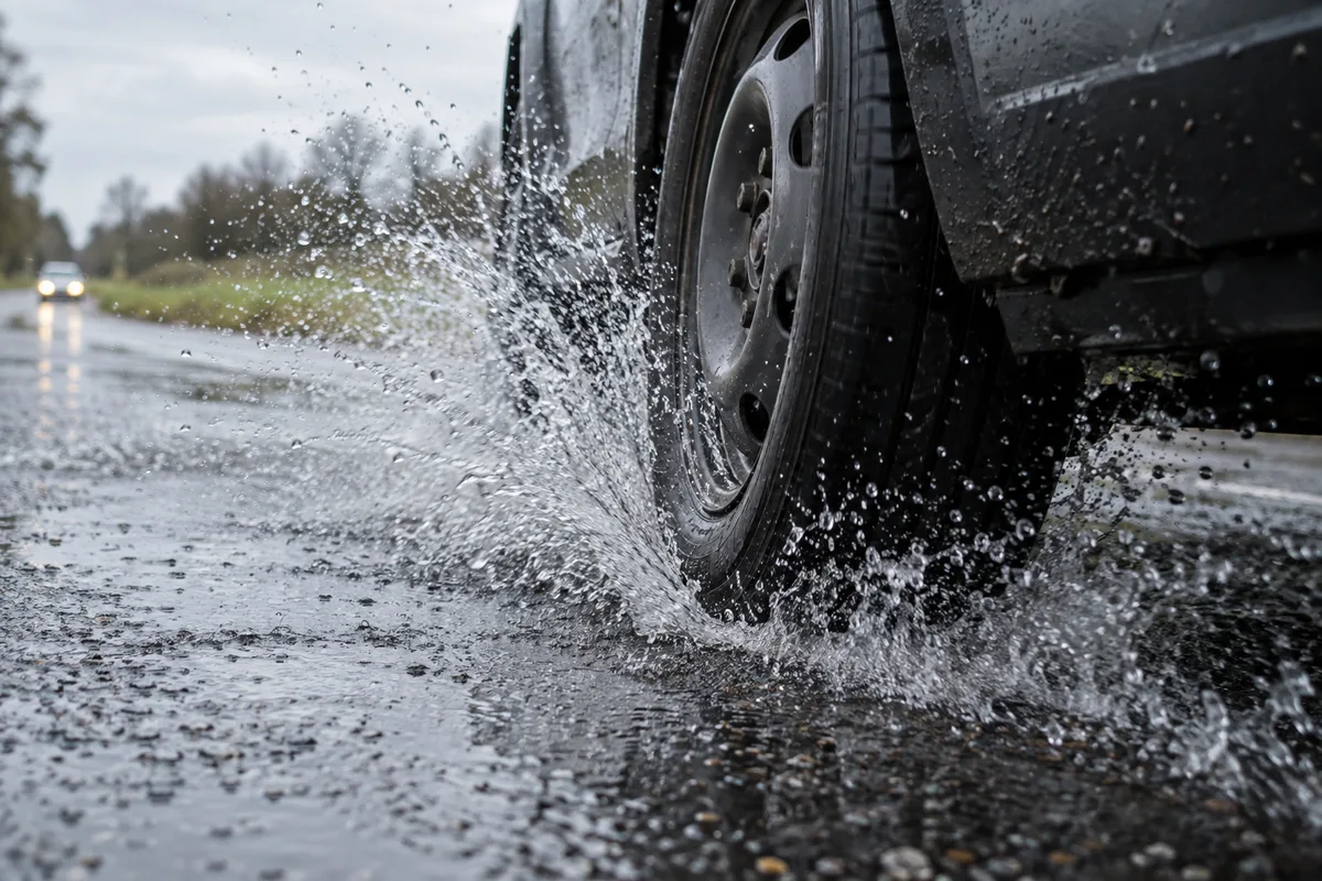 Pneu de voiture en gros plan roulant sur une chaussée mouillée et soulevant une gerbe d&rsquo;eau