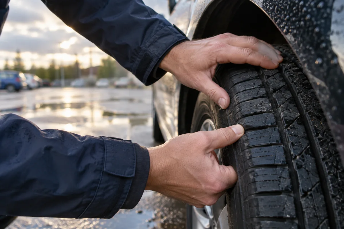 Mains vérifiant la profondeur des rainures d&rsquo;un pneu de voiture garée sur un parking mouillé