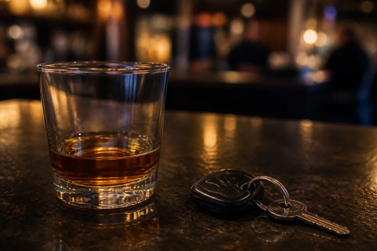 Verre de boisson posé près de clés de voiture sur une table de bar en soirée