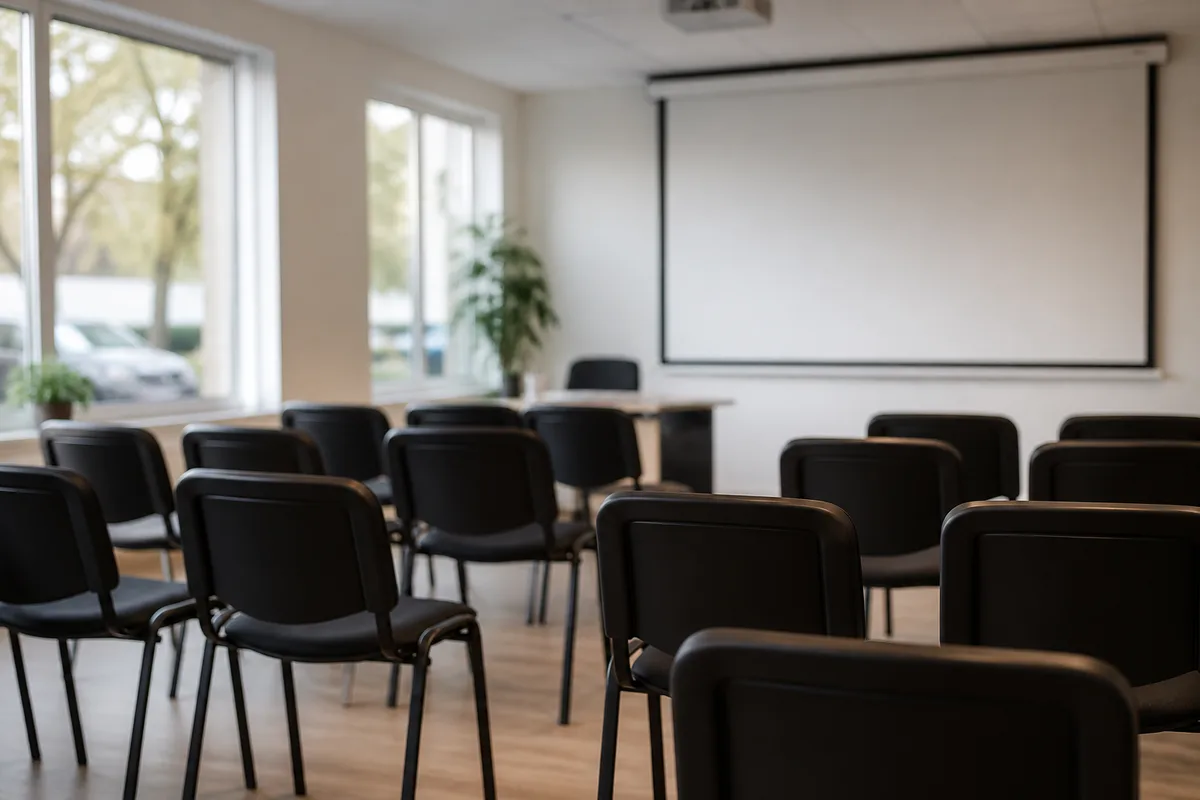 Salle de formation avec chaises disposées face à un écran de projection
