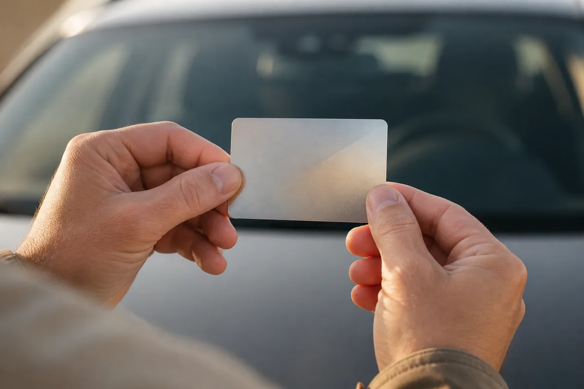 Permis de conduire au format carte tenu en main devant un pare-brise