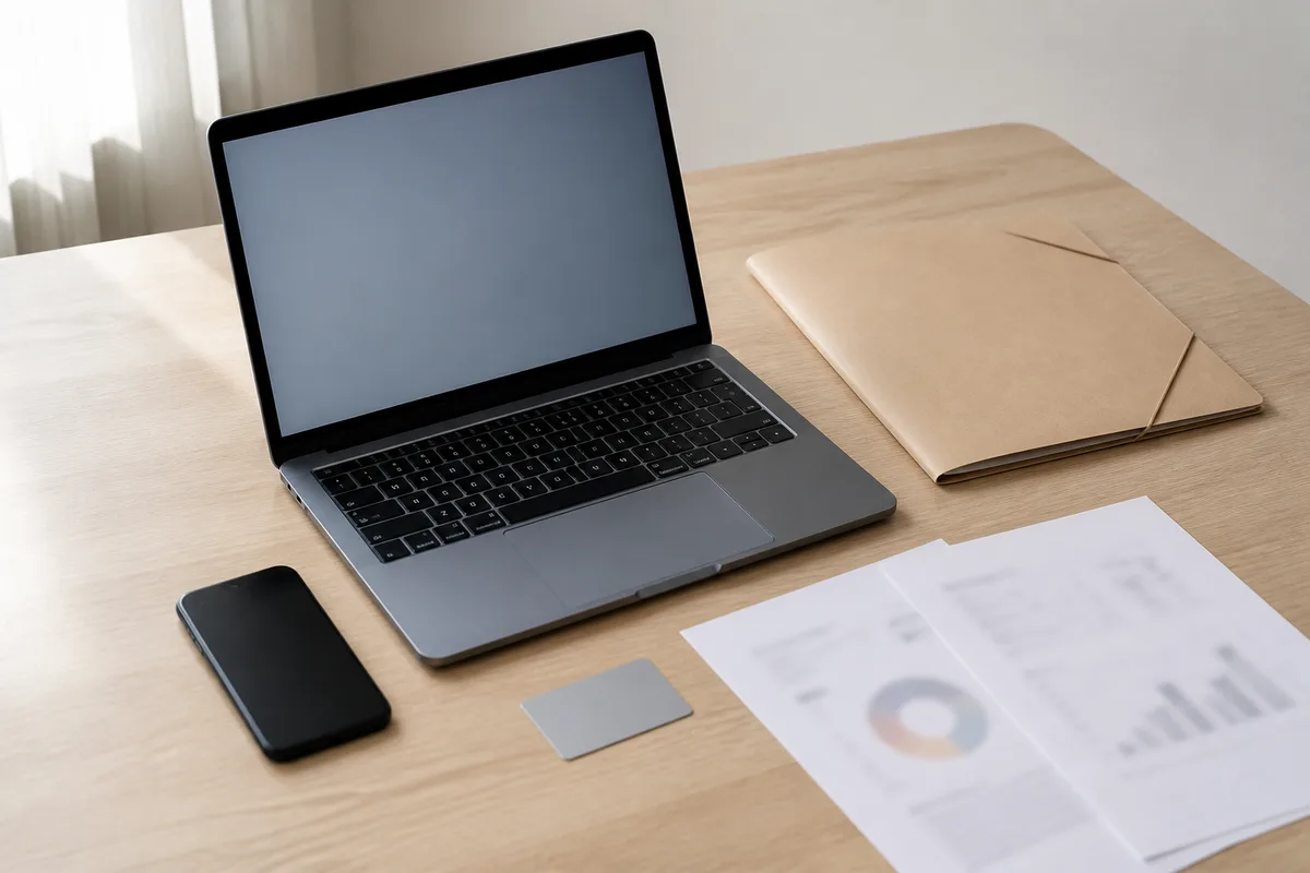 Poste de travail avec ordinateur portable, pièce d’identité et documents administratifs posés sur un bureau clair