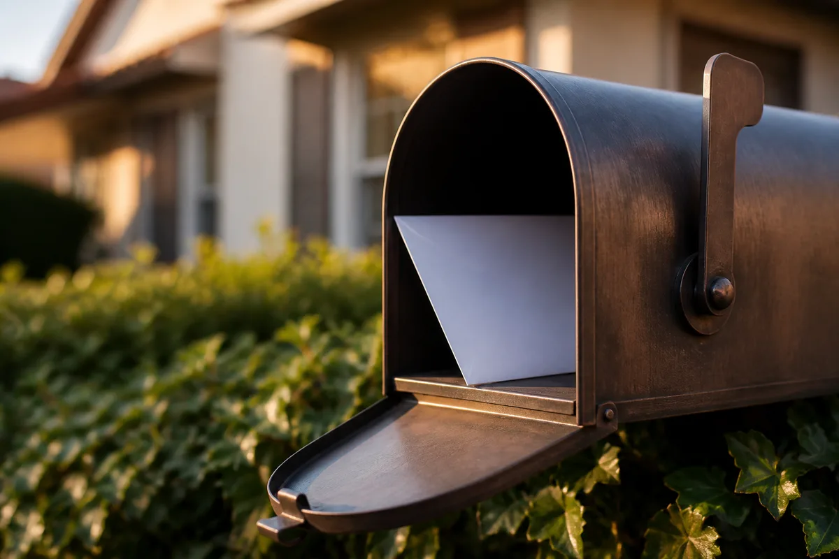 Boîte aux lettres ouverte avec une enveloppe recommandee, lumiere de fin de journee