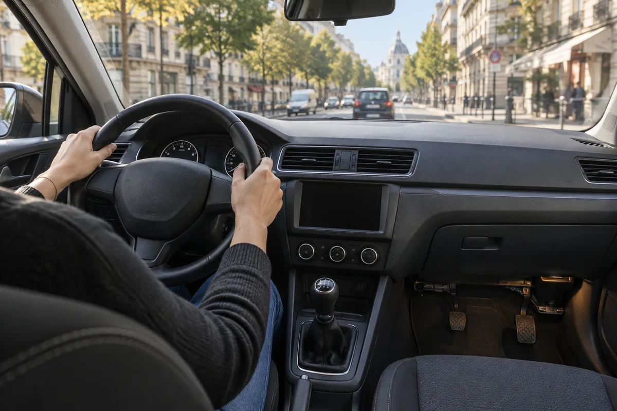 Mains posées sur le volant d&rsquo;une voiture à double commande, vue depuis l&rsquo;habitacle