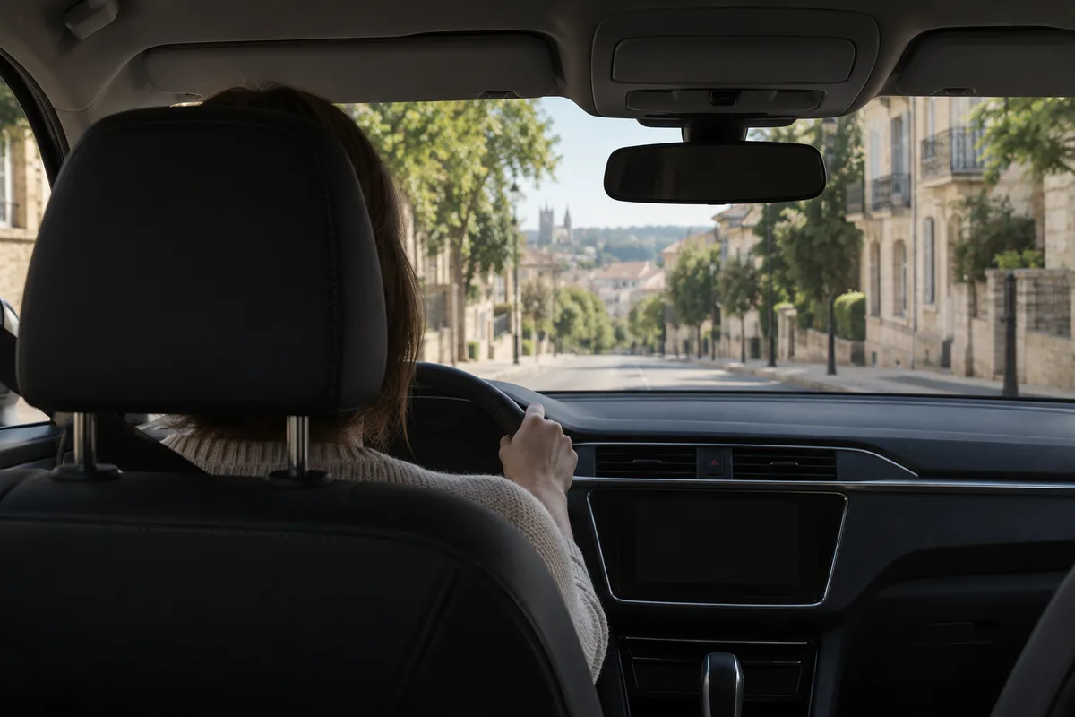 Candidat vu de dos assis au volant d&rsquo;une voiture d&rsquo;auto-école avant de démarrer