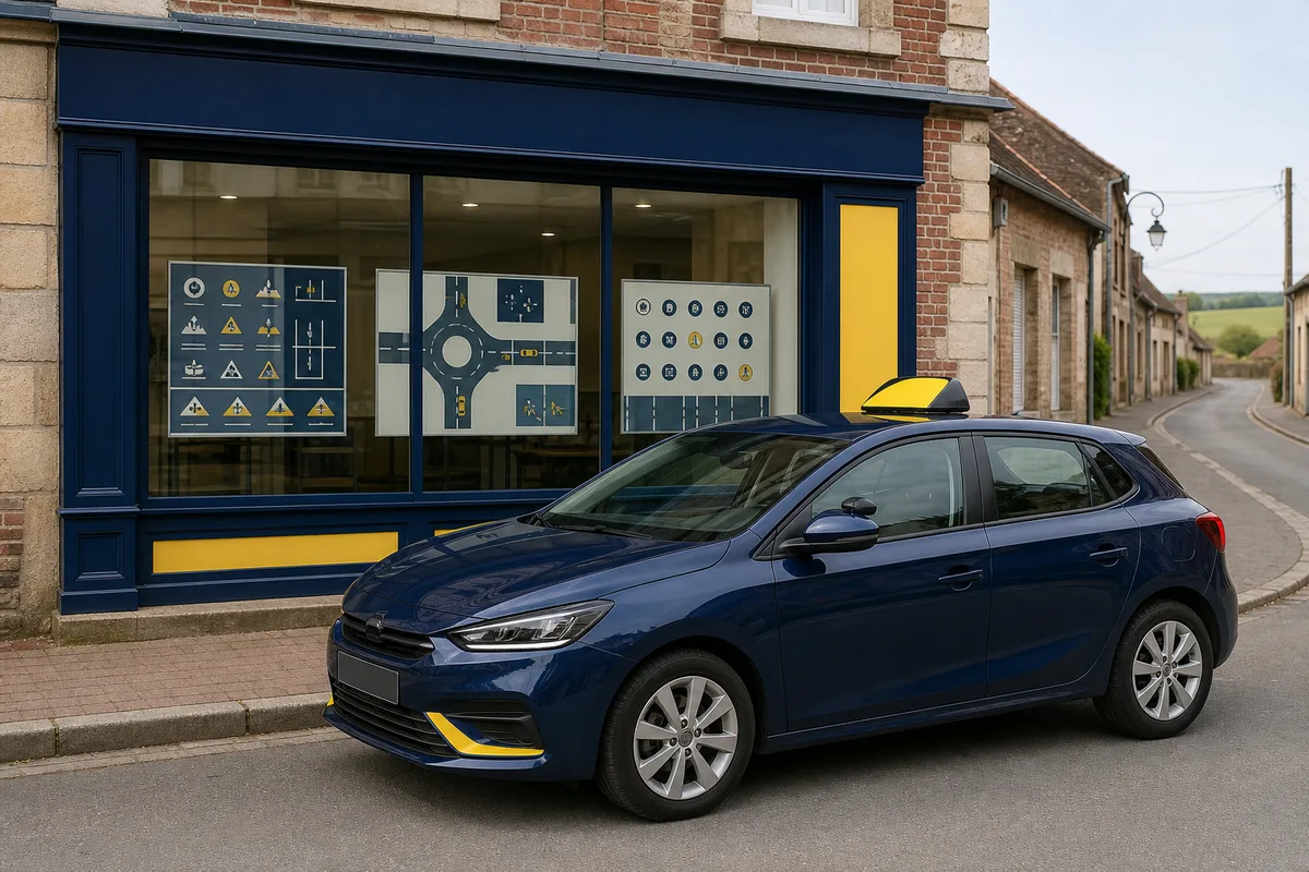 Vitrine d’une école de conduite avec panneaux pédagogiques et véhicule d’apprentissage garé devant