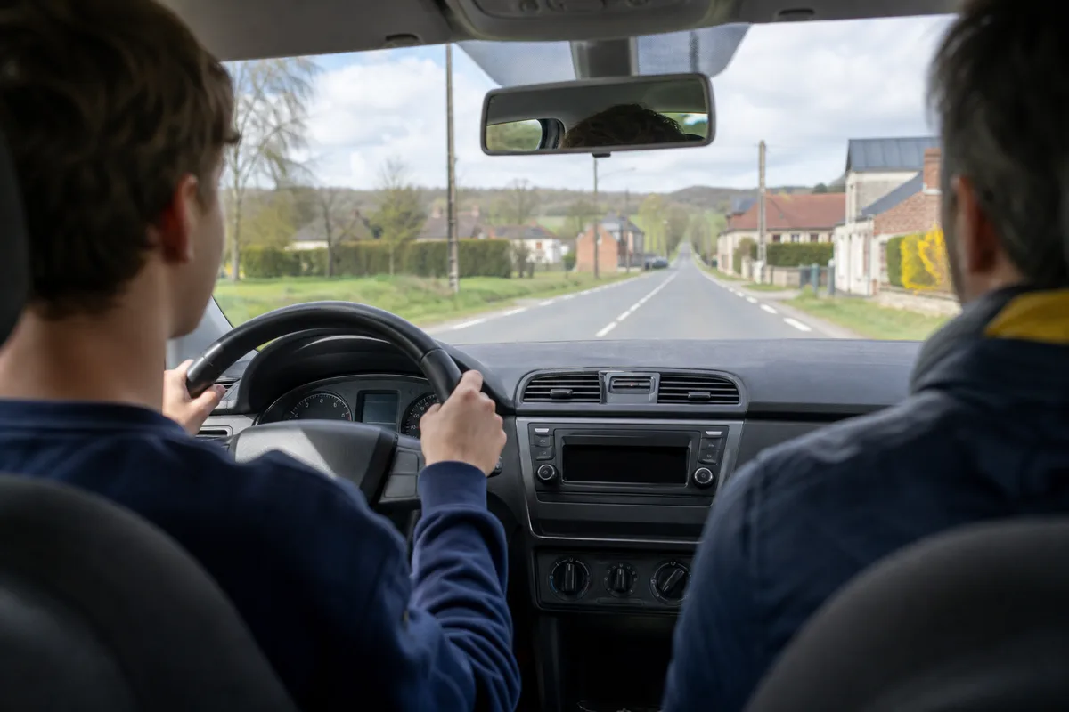 Adolescent au volant d’une voiture avec un parent accompagnateur sur le siège passager
