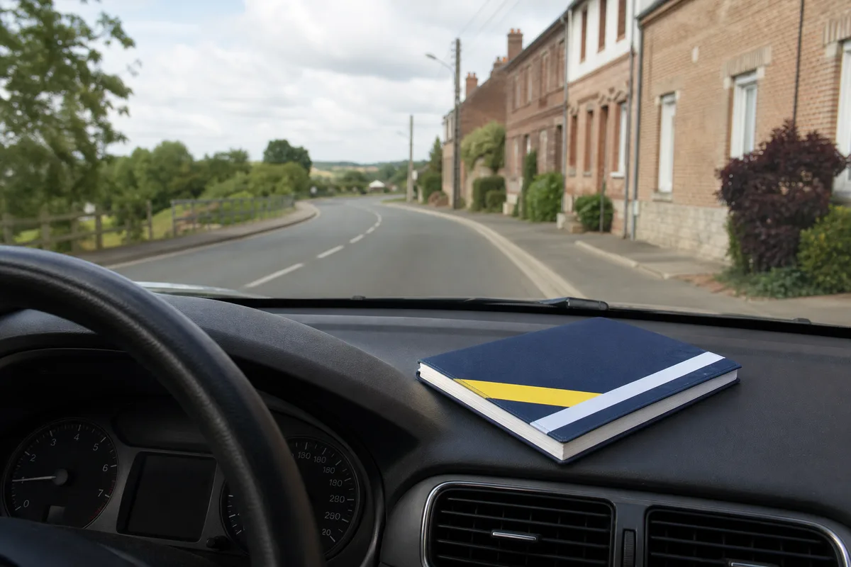 Carnet de suivi de conduite accompagnée posé sur un tableau de bord près du volant