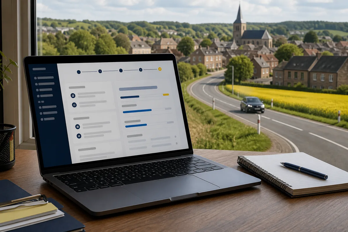 Écran d&rsquo;ordinateur portable affichant un dossier de financement de formation, carnet et stylo à côté