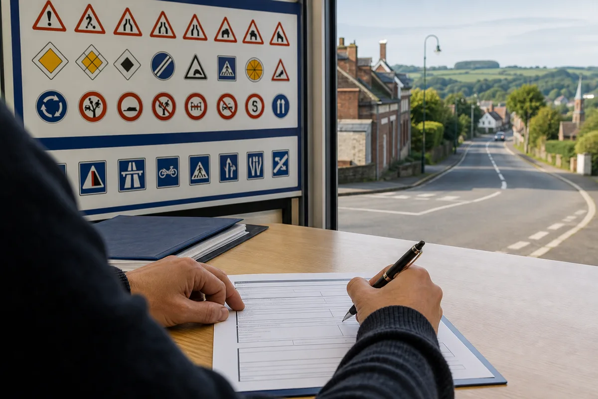 Personne remplissant un formulaire administratif à une table, panneau de code de la route en arrière-plan