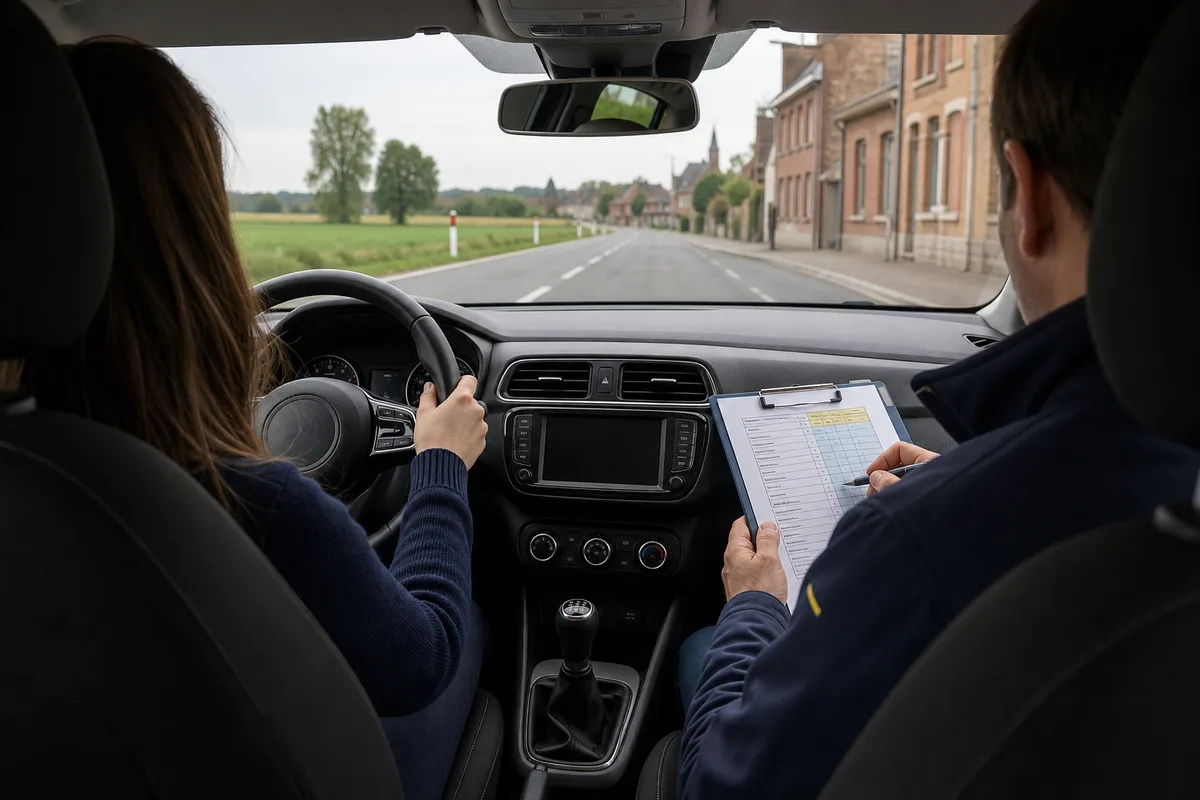 Examinateur remplissant une grille d&rsquo;évaluation à côté d&rsquo;un candidat au volant