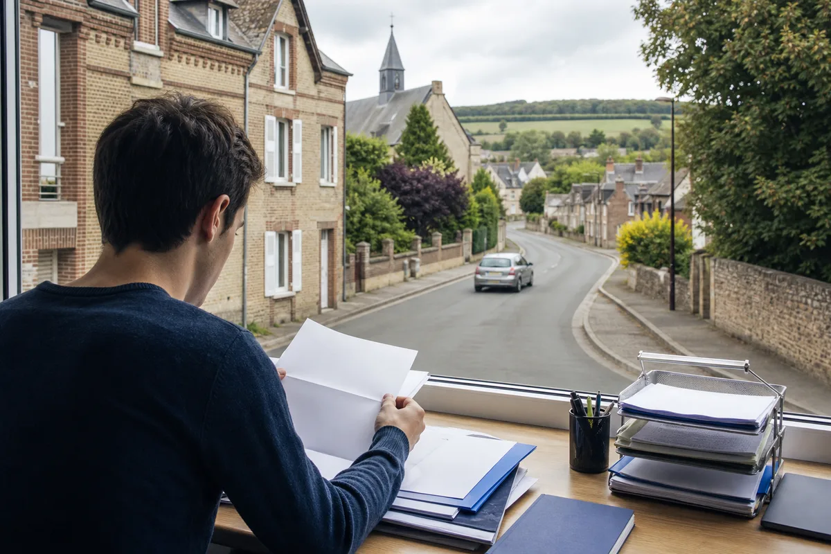 Jeune candidat consultant un dossier d’aide au permis de conduire sur une table de bureau