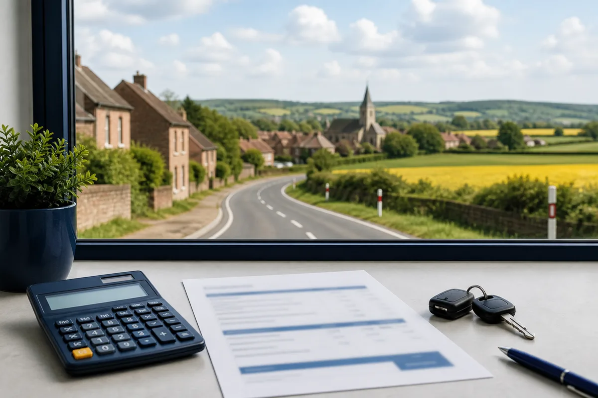 Calculatrice, devis de formation et clés de voiture posés sur un plan de travail clair