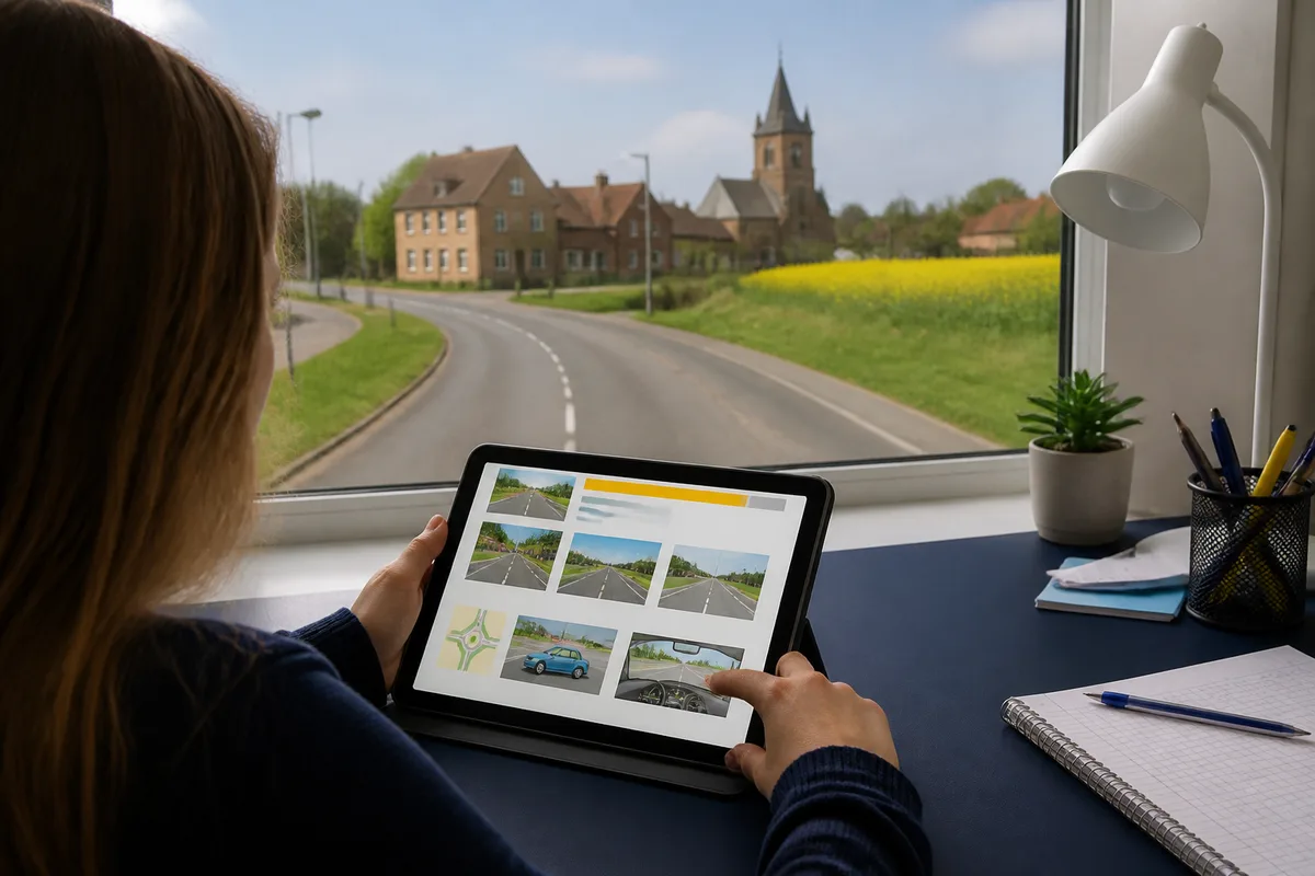 Étudiant révisant le code de la route sur une tablette posée sur un bureau